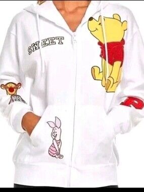 Womans Disney White Winnie the Pooh Character Zip Hoodie - Yellow/Red Accents 2X